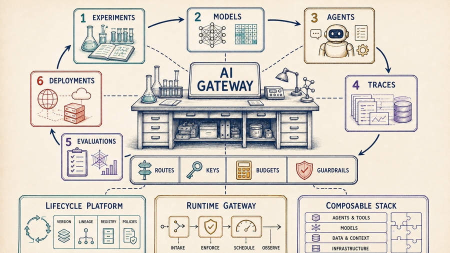 AI lifecycle laboratory connecting experiments, models, agents, traces, evaluations, and deployments through gateway controls