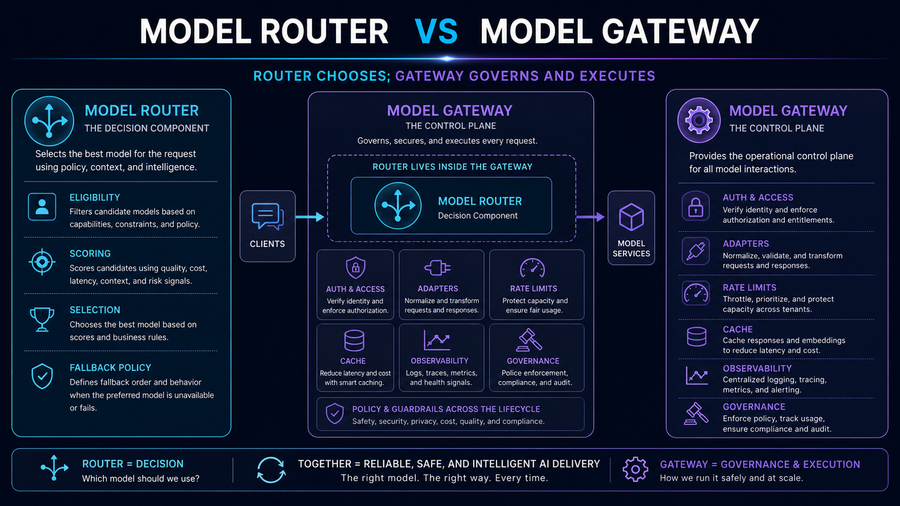 Model router decision component inside a model gateway control plane