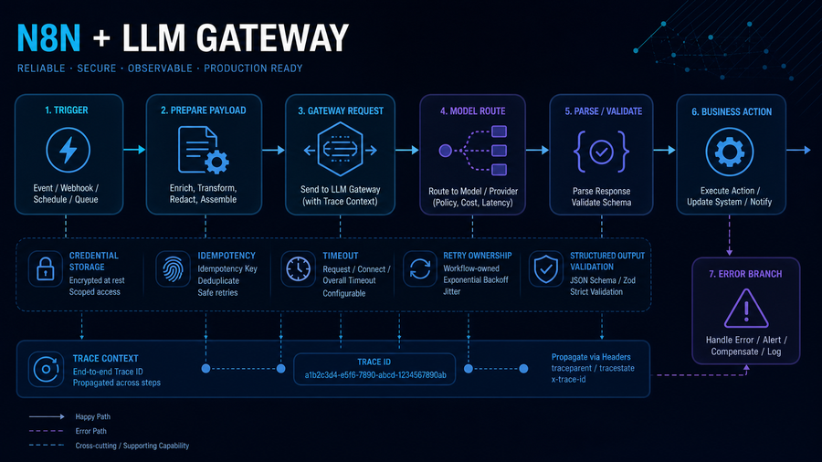 n8n LLM gateway workflow with validation, idempotency and error branch