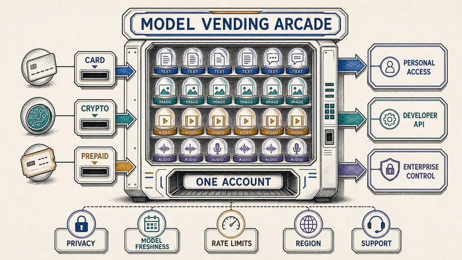 Model vending arcade comparing personal access, developer API, and enterprise control for NanoGPT alternatives
