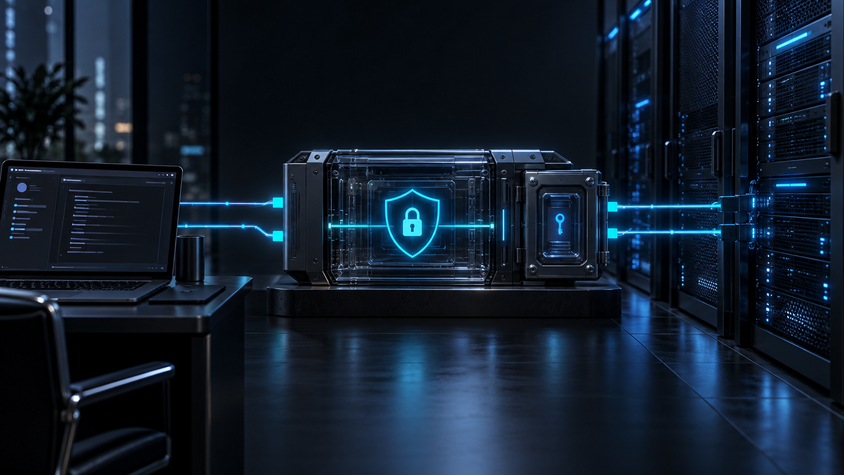 深蓝色 OpenAI API 代理安全架构概念图：客户端经安全代理连接上游服务器，凭据保存在受保护的服务端隔离舱内。