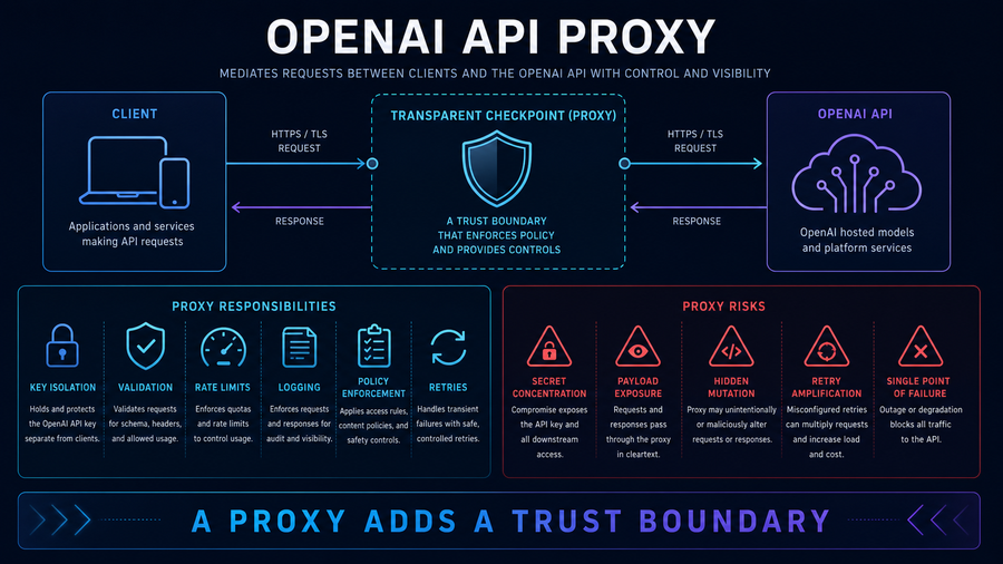 OpenAI API proxy trust boundary showing application authentication, policy controls, protected upstream credentials, and response streaming