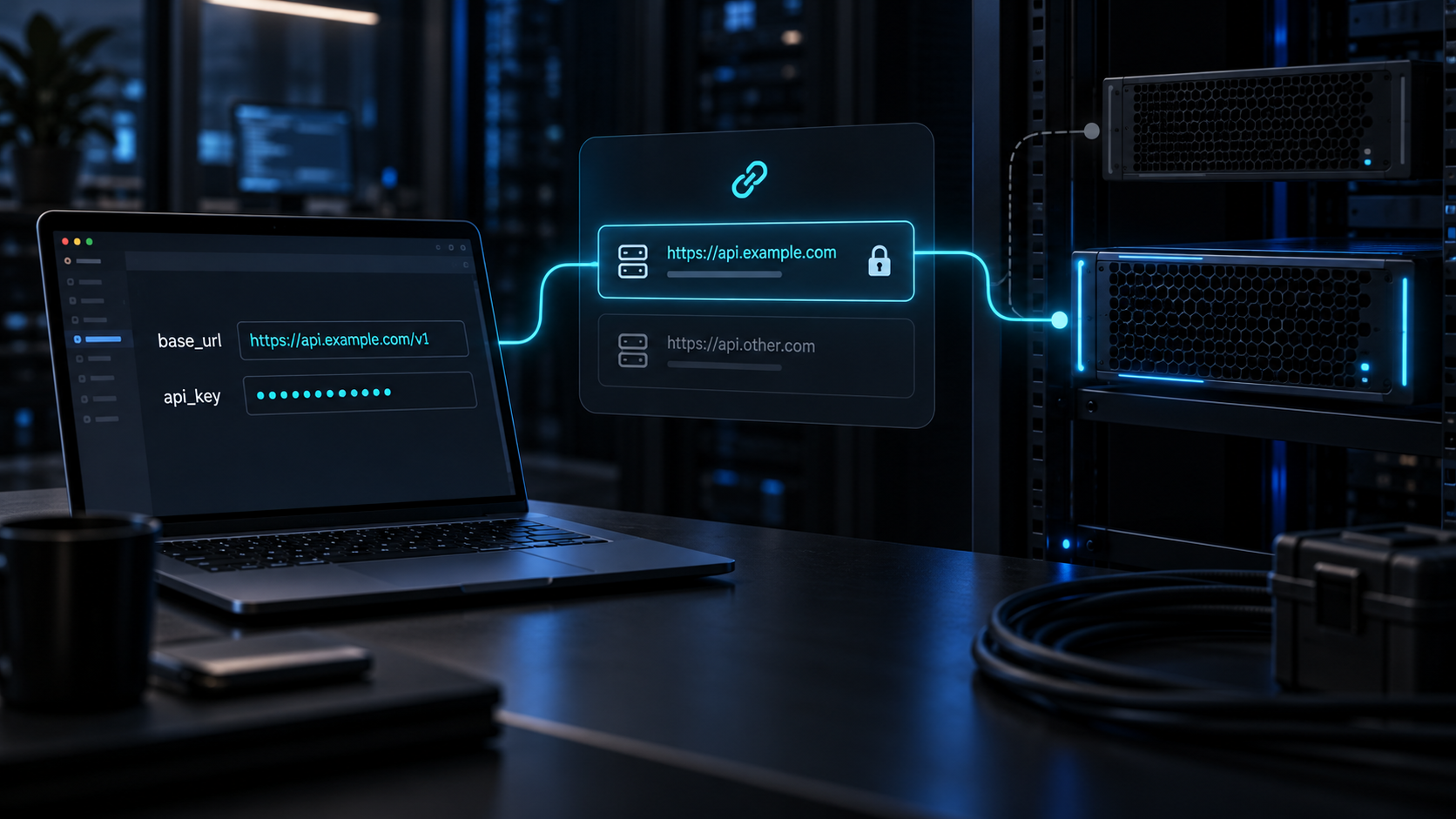 深蓝色 OpenAI 客户端 Base URL 配置概念图：选择可信 API 端点，并将脱敏凭据限定于目标主机。