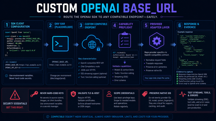 Custom OpenAI base URL configuration, capability preflight and security checklist