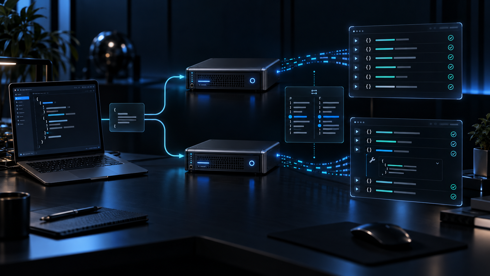 深蓝色 OpenAI 兼容 API 语义验证概念图：对照两条请求与响应路径，突出流式事件与工具调用行为的差异。