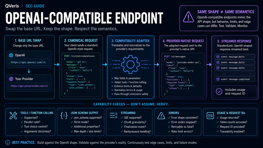 OpenAI-compatible endpoint contract, adapter flow and capability verification diagram