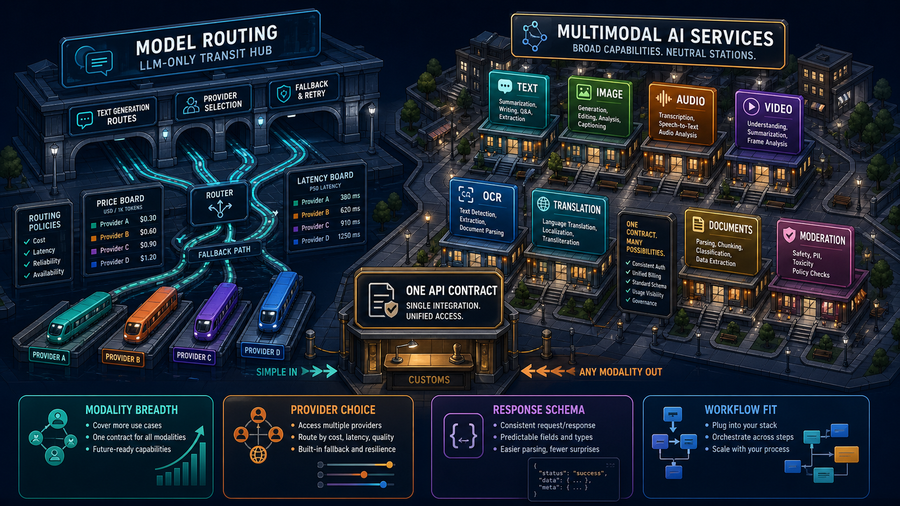 LLM model-routing transit hub compared with a multimodal AI services district