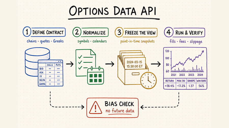 Hand-drawn workflow for defining, normalizing, freezing, and validating an options data API backtest