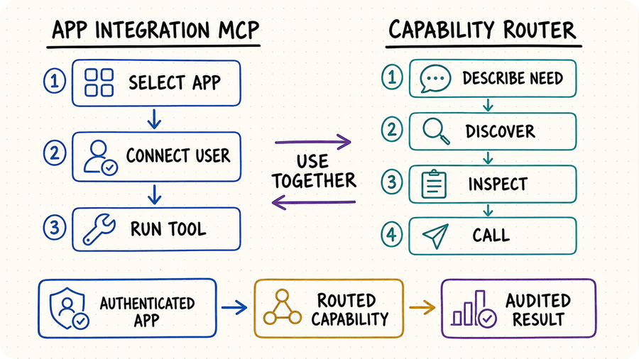 Decision map comparing an app-integration MCP workflow with capability discovery and routing