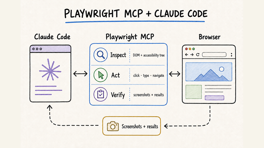 Hand-drawn Playwright MCP and Claude Code workflow showing browser inspection, actions, and verification