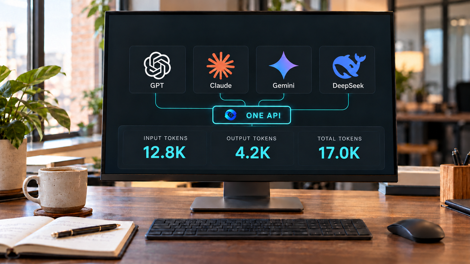 模型网关的写实办公概念图：显示器呈现 GPT、Claude、Gemini 与 DeepSeek 标识、ONE API 旁的 QVeris Logo 以及输入、输出和总 Token 用量示意