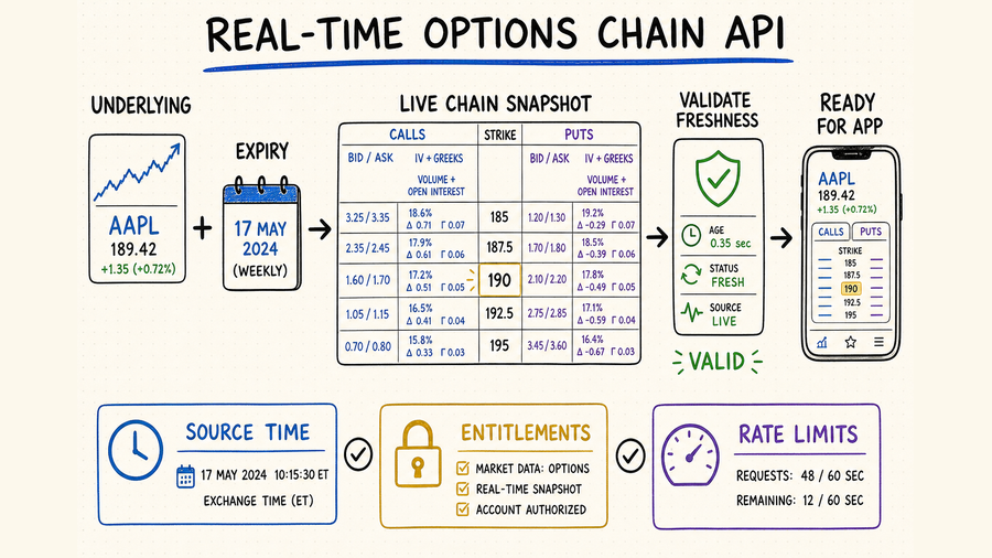 Hand-drawn decision map for checking real-time options API freshness, data fields, limits, and licensing