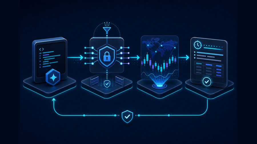 Architecture showing a Codex request routed securely to live market data and returned as a timestamped quote