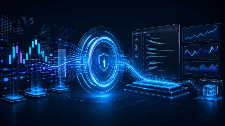 Real-time stock data flowing through a secure gateway into an AI coding workspace