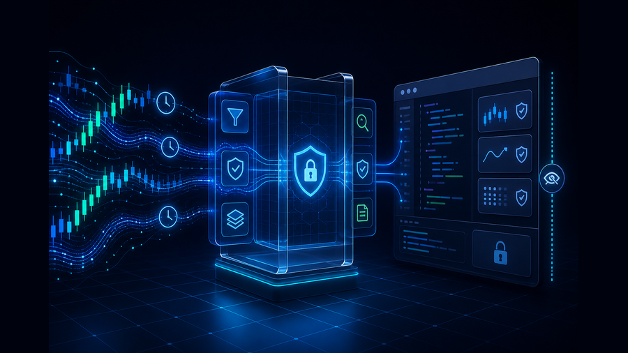 Real-time market streams passing through a secure read-only gateway into an AI coding workspace