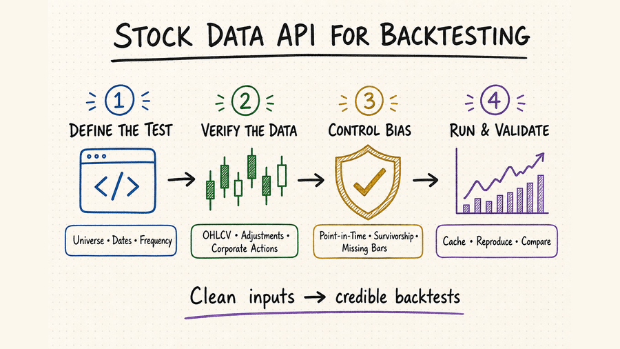 Hand-drawn workflow for defining, validating, and running a stock data API backtest while controlling data bias