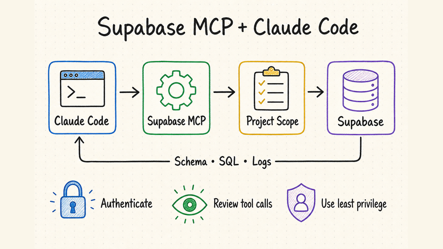 Hand-drawn workflow connecting Claude Code to a scoped Supabase project through Supabase MCP