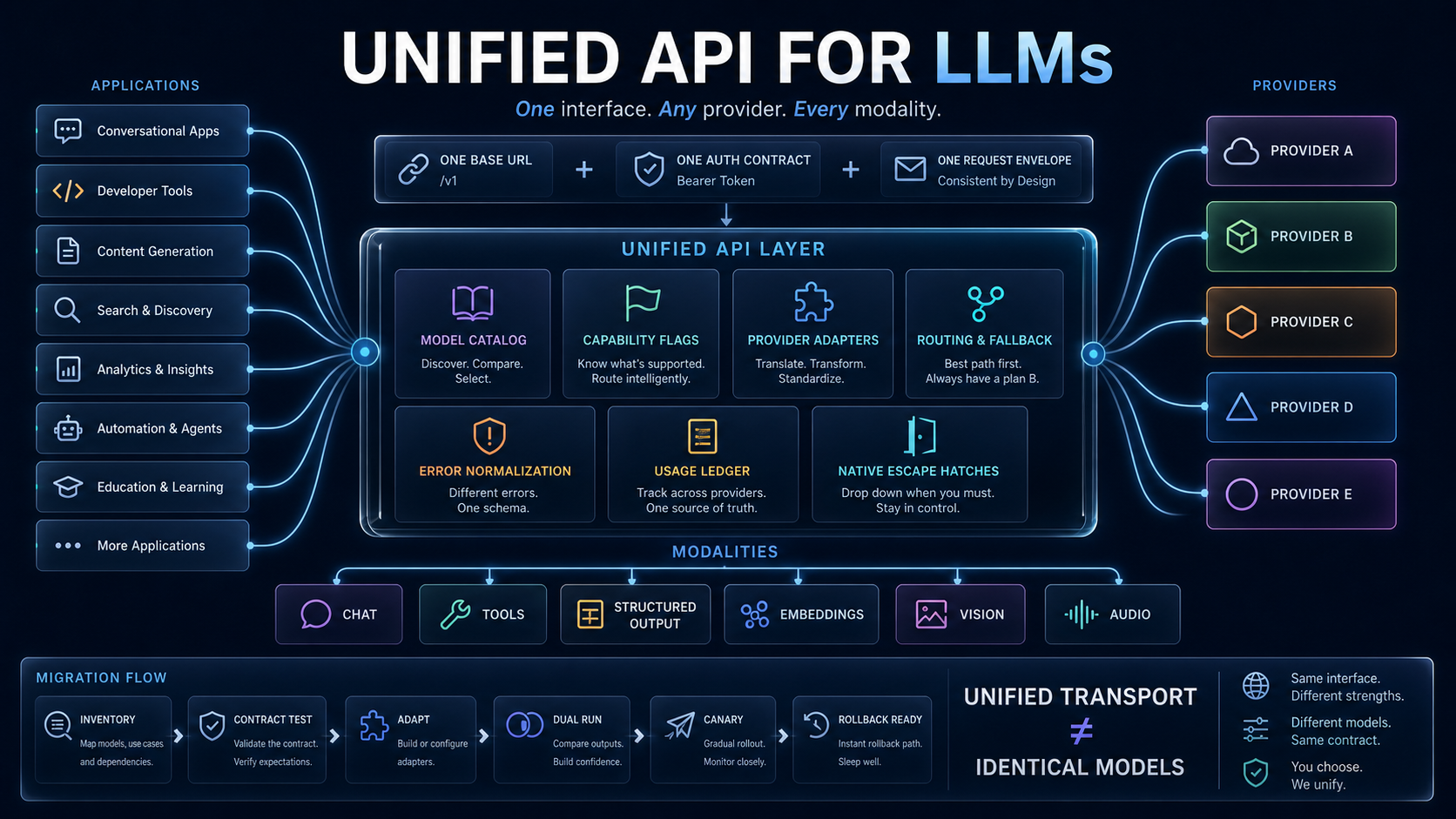 Unified API layer connecting applications to generic providers and multiple LLM modalities