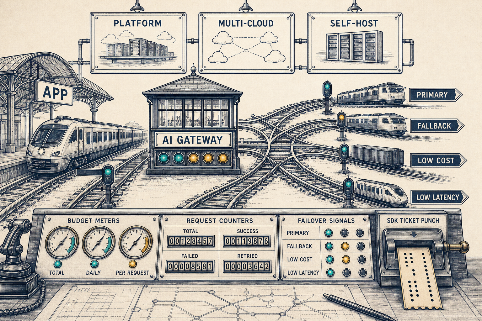 Railway dispatch illustration comparing platform, multi-cloud, and self-hosted AI gateway routes