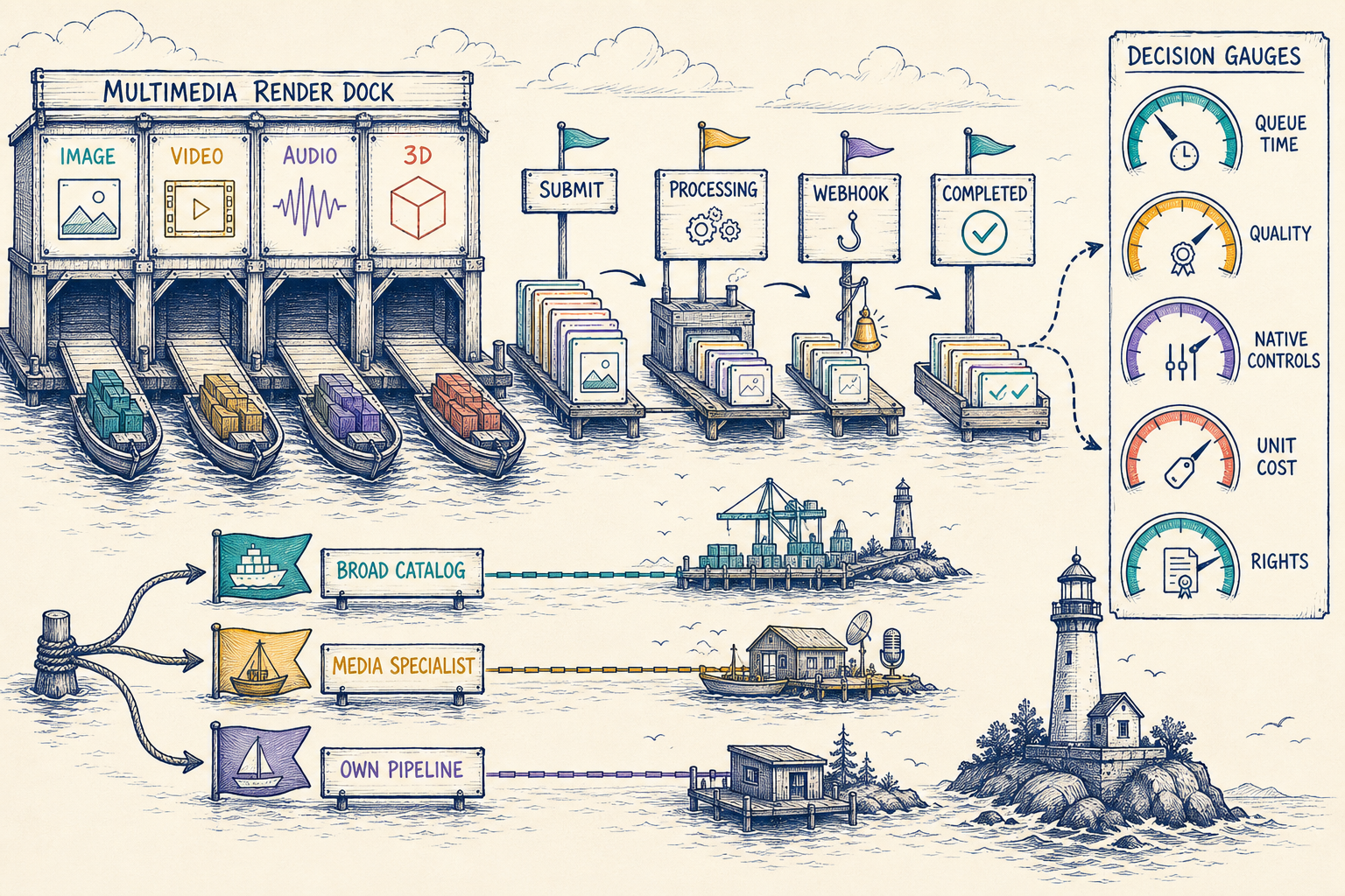 Multimedia render dock comparing broad catalog, specialist API, and owned pipeline choices for asynchronous media jobs