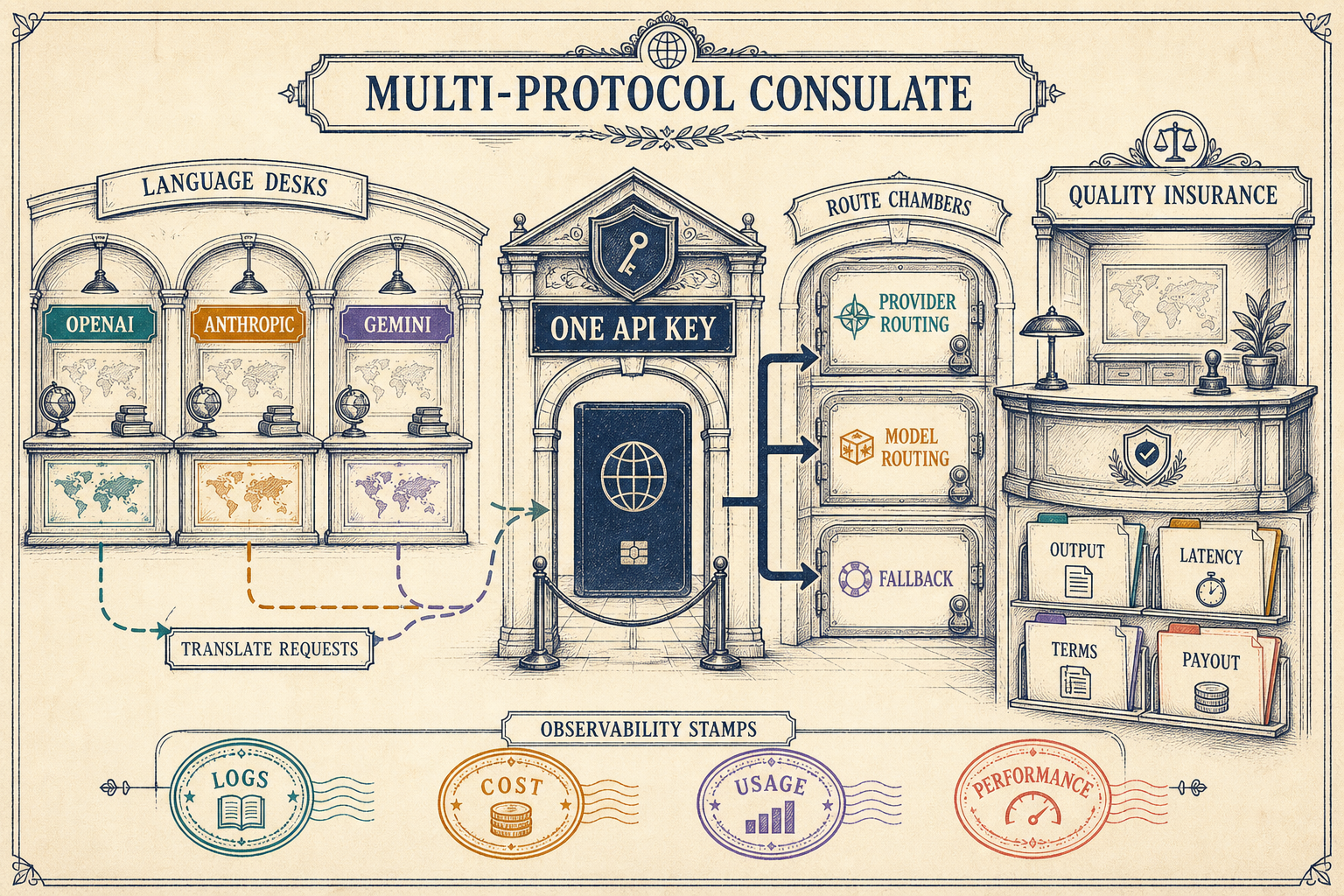 Multi-protocol consulate comparing protocol translation, provider and model routing, fallback, observability, and quality insurance